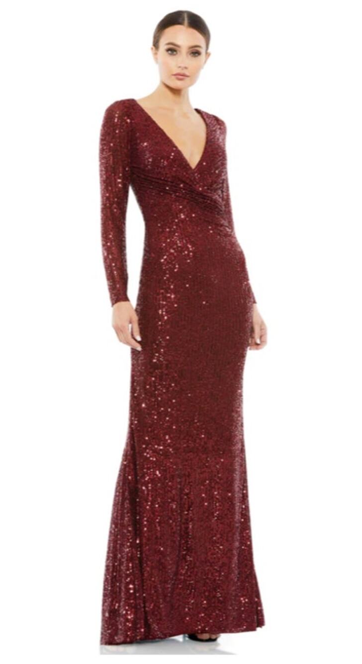 Mac Duggal Plus Size Dress Sequin Faux Wrap Long Sleeve Column Gown 16 NEW